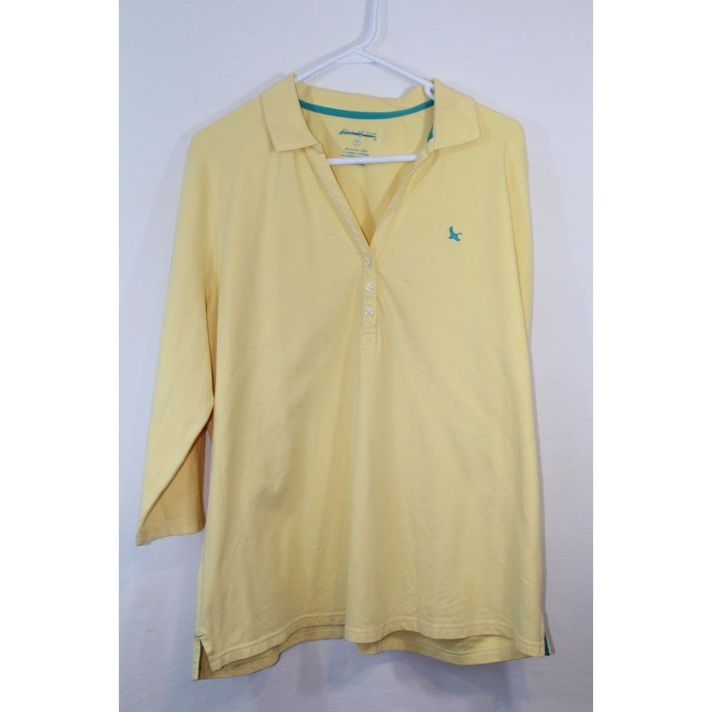 Eddie Bauer Polo Shirt Men 2X Yellow Pique 3/4 Sleeve Embroidered Logo Casual